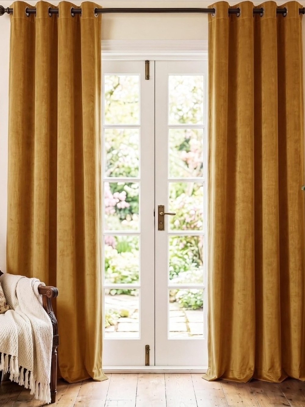 Mustard Gold Grommet Velvet Drapes, W52 x L84, 2 Panels Blackout Curtains